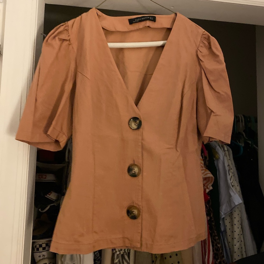 Zara rust puff sleeve button blouse